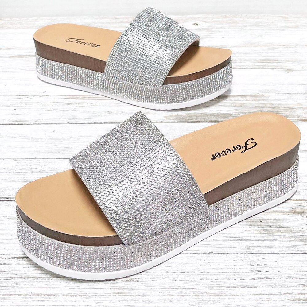 New Women Silver Rhinestone Slip On Platform Wedge Sandals